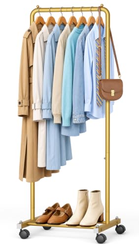 AOODA Small Clothing Rack for Hanging Clothes with Wheels, Gold