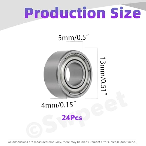 Swpeet 24Pcs 624ZZ Ball Bearings Assortment Kit, 4 x 13 x 5mm Bearing Steel Deep Groove Bearings, Miniature Bearings, Double Shielded - size: 624ZZ-24PCS, style: Bearing Steel