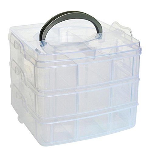 Kamay's 3-Tier Transparent Stackable Adjustable Compartment Slot Plastic Craft Storage Box Organizer Snap-lock Tray Container 3 Sizes 4 Candy Colors Available (Medium 18 Compartment, White) - color: Medium 18 Compartment, White