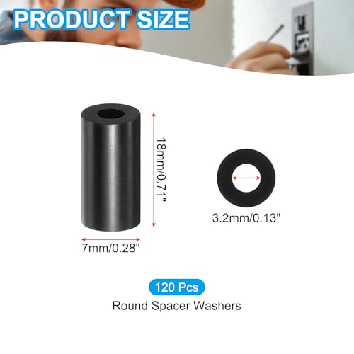 PATIKIL M3 Black ABS ID 3.2mm,OD 7mm,Length 18mm, Nylon Round Spacer Washers, 120Pcs Plastic Standoff Rubber Nut Unthreaded for M3 Screws Electrical Outlet Switch Receptacle - size: 3.2mm x 7mm x 18mm