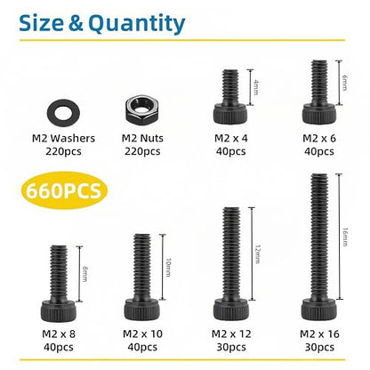 660 Pcs M2 Screws Assortment Kit, M2x4mm/6mm/8mm/10mm/12mm/16mm, Metric Hex Socket Head Cap Screws Nuts Washers Kit with Wrench, Black Zinc Plated - size: M2 660Pcs 4mm-16mm