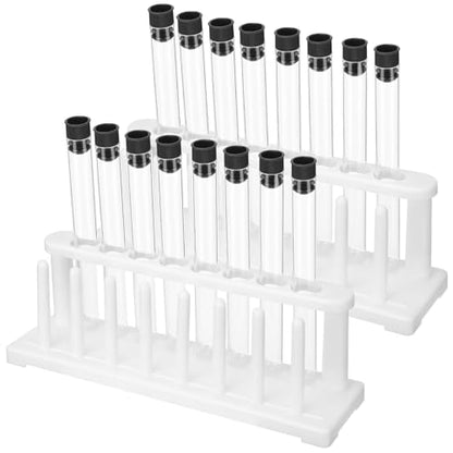 2 Sets Test Tubes with Rack, 16 Pcs Clear Plastic Test Tubes with Caps and 2 Pcs 8 Holes Holder Rack with 8 Drying Pins Stand for Scientific Experiment Nurse Party Favors