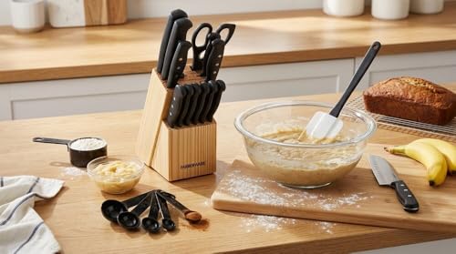 Farberware 22-Piece Kitchen Knife Block Set, High Carbon Stainless Steel - style: Never Needs Sharpening