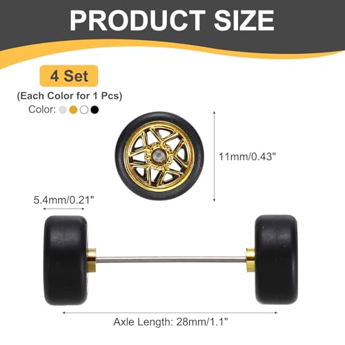 MECCANIXITY 4 Set 1/64 Wheels and Tires Set, Real Riders Rims Includes Axles for RC Diecast Car DIY Model, 5-Star Gold Silver Black White Rims 11 x 5.4mm
