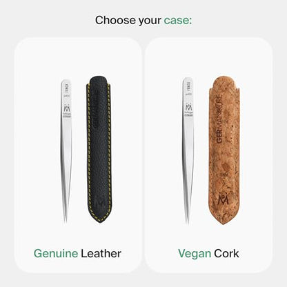 GERMANIKURE Pointed Tweezers, Precision German Steel, Leather Case - style: Leather Sleeve