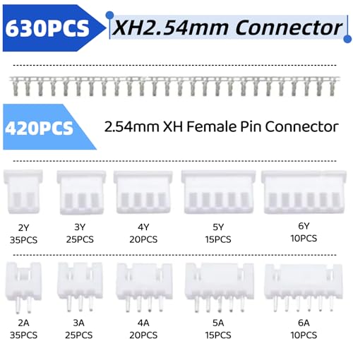 630PCS JST XH Connector Kit XH2.54mm Adapter Cable Terminal Connectors Set with 2.54 mm Pitch 2 3 4 5 6Pin Female Housing and Male Plug - style: XH2.54mm-630PCS