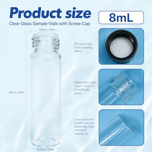 8mL Glass Sample Vial, 15-425 Screw Cap with PE Liner, 92-Pack - size: 8ml
