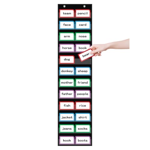 ANCOMEDO 10”W x 48.25”H Classroom Words Pocket Chart with 12 Clear Pockets, Black Standard Pocket Chart for Classroom and Home for Sentence Strips, Reusable Words Hanging Pocket Chart (Black) - size: 10Wx48.25H