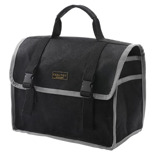 Tool Organizer Bag | 1 Large Pocket Storage Pouch & 2 Side Pockets & Canvas Handle, Heavy Duty 16oz Waxed Canvas Tote Bag, Reusable Tool Carrier for Hand Tools - 11.5"L x 6"W x 7.5"H - Black - color: Black