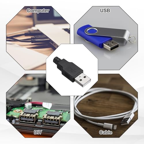 MECCANIXITY 10Pcs USB 2.0 Type A Male Female Plug Connector, 4 Pin Solder Terminal with 3mm Cable Hole for DIY Cable Repair Kit, Power Supply, Microcontroller Projects, Black, 33x16mm