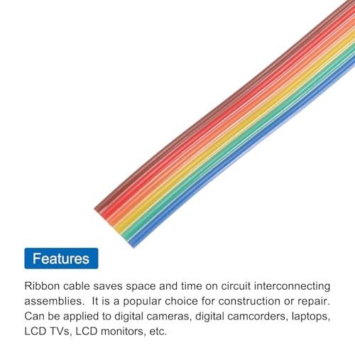 MECCANIXITY 1 Pcs 6 Pin Flat Rainbow Ribbon Cable 30 Ft 1.27mm Pitch Breadboard Jumper Wires for Electronic Projects - size: 30 Ft, style: 6P