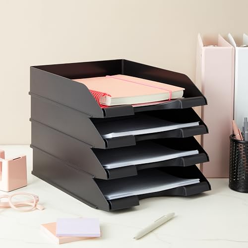 Stockroom Plus Letter Tray - Stackable Desk Organizer Trays - Desktop File Organizer - Mail & Document Storage - Pack of 4, Black, 10 x 13.5 x 2.5 in - color: Black
