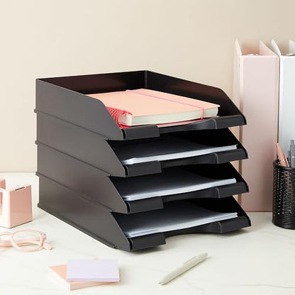 Stockroom Plus Letter Tray - Stackable Desk Organizer Trays - Desktop File Organizer - Mail & Document Storage - Pack of 4, Black, 10 x 13.5 x 2.5 in - color: Black