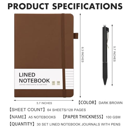 Aodaer 30 Set Lined Notebook Journals with Pens A5 Notebooks 100 GSM College Ruled Hardcover Notebook PU Leather Notepad with Pen Holder for Office School, 5.7 x 8.3 Inches, Dark Brown - color: Dark Brown