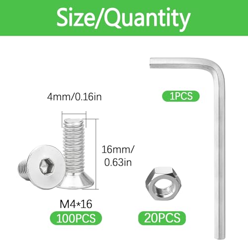 120Pcs M4x16mm Stainless Steel Flat Head Socket Cap Screws, Full Thread Allen Drive Countersunk Bolts, Bright Finish, Ideal for DIY & Home Repair - size: M4x16