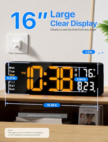 MASHI 16" Easy-Read Large Digital Wall Clock,9-Color Night Light,Auto-DST - color: Orange