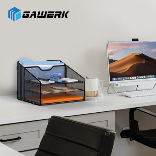 GAWERK Letter Tray Organizer, Mesh Desk File Organizer with 3 Paper Trays and 2 Vertical Upright Section (Blue) - color: Blue