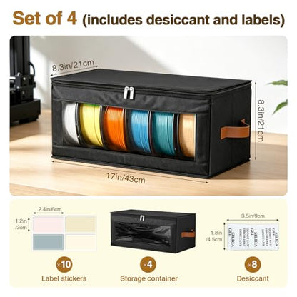 4 Pack Foldable Filament Storage Box, 3D Printer Filament Containers with Transparent Window, Desiccants & Labels, Holds 24 Rolls, Water-Resistant Organizer for Home Office Workshop Studio