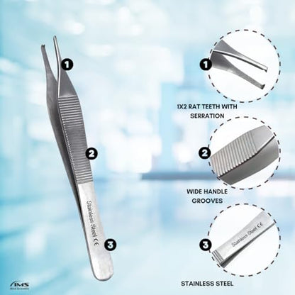 ADSON Forceps Tissue 1X2 Teeth ADSON Brown Forceps ADSON Dressing Forceps 4.75" Comes with Wide Handle Ridged Grip, Stainless Steel (Adson 1x2 Teeth + Serrations) - color: Adson 1x2 Teeth + Serrations