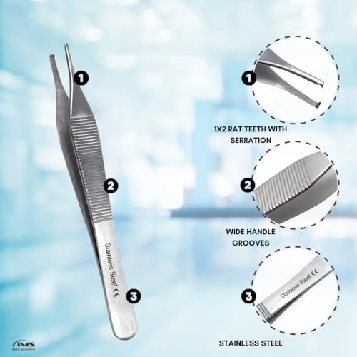 ADSON Forceps Tissue 1X2 Teeth ADSON Brown Forceps ADSON Dressing Forceps 4.75" Comes with Wide Handle Ridged Grip, Stainless Steel (Adson 1x2 Teeth + Serrations) - color: Adson 1x2 Teeth + Serrations