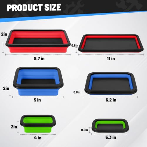 Collapsible Magnetic Parts Tray Set, 3 Different Size Tool Trays - color: Red (L) + Blue (M) + Green (S)