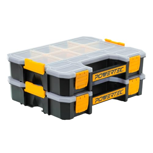 POWERTEC Small Parts Organizer & Tool Box – 14 Compartments, Stackable Storage with Interlocking Latch, Removable Dividers, Clear Lid, Portable Design, 2-Pack (72364-P2) - color: Stackable Tool Box Medium, size: 2 Packs - 14 Compartments