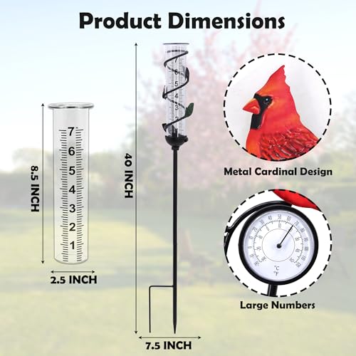 40in Red Bird Rain Gauge Thermometer Metal Garden Stake Decor - color: Red Bird