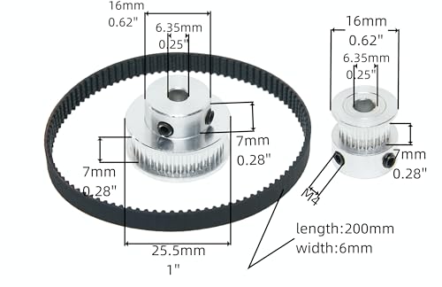 2PCS Set 2GT Aluminum Timing Pulley 20&36 Teeth 6.35mm Bore Synchronous Wheel with 2PCS Length 200mm Width 6mm Belt (20-36T-6.35B-6) - size: 6.35MM Bore, style: 20-36T-6.35B-6MM