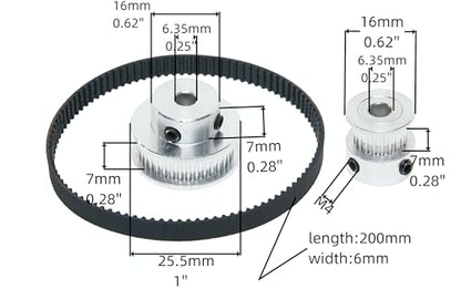 2PCS Set 2GT Aluminum Timing Pulley 20&36 Teeth 6.35mm Bore Synchronous Wheel with 2PCS Length 200mm Width 6mm Belt (20-36T-6.35B-6) - size: 6.35MM Bore, style: 20-36T-6.35B-6MM