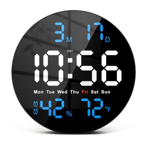 10 Inch Large Digital Wall Clock, LED Round Electric Clocks with Dual Timers (Count Up/Down), 12/24hr Mode, Date, Temperature, Remote Control for Classroom, Home Office, Bedroom (Blue) - color: Blue