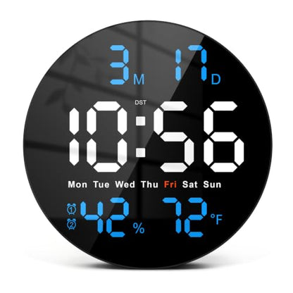 10 Inch Large Digital Wall Clock, LED Round Electric Clocks with Dual Timers (Count Up/Down), 12/24hr Mode, Date, Temperature, Remote Control for Classroom, Home Office, Bedroom (Blue) - color: Blue
