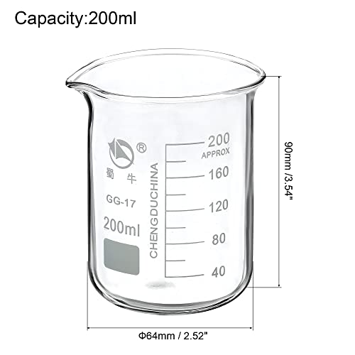 PATIKIL 200ml Low Form Glass Beaker, 3.3 Borosilicate Glass Graduated Printed Scale Measuring Cups with Spout for Kitchen Lab Liquids Transit Boiling - size: 200ml
