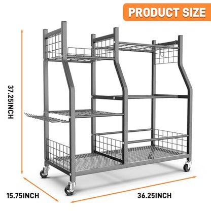 TORACK Garden Tool Organizer with Wheels, Rakes Shovels Yard Tools Stand - style: Tool Stand with Extra Shelves