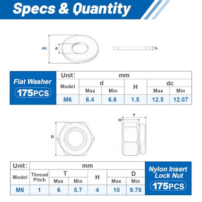 M6-1.0 Lock Nut 350Pcs Stainless Steel Nylock Locking Nuts with Washer - size: locknuts-M6 350pcs