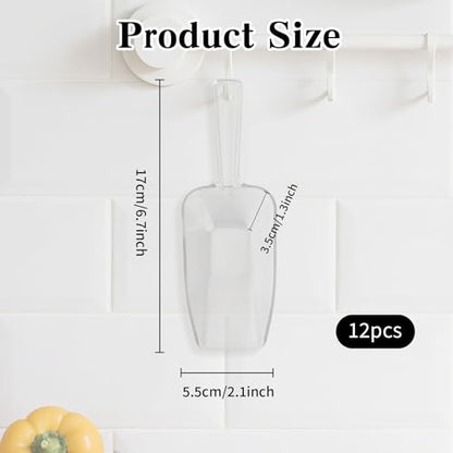 12 Pcs Clear Plastic Ice Scoop, Medium Multi Purpose Plastic Ice Scoop Sets, Ices Cube Scoops for Freezer Ices Machine Dry Goods Canisters Candy Buffet Kitchen Food Coffee Wedding Desserts（6.7 Inch） - color: Transparent