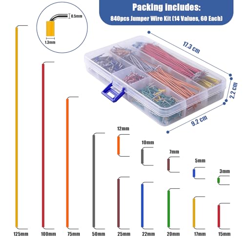 840 Pieces Jumper Wire Kit for Solderless Breadboard, 14 Lengths U-Shape Magnetic Breadboard Jumple Wire & Alligator Clip Test Leads with Box & Tweezers(840pcs Jumper Wires Kit) - size: 840pcs Jumper Wires Kit