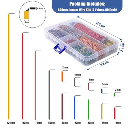 840 Pieces Jumper Wire Kit for Solderless Breadboard, 14 Lengths U-Shape Magnetic Breadboard Jumple Wire & Alligator Clip Test Leads with Box & Tweezers(840pcs Jumper Wires Kit) - size: 840pcs Jumper Wires Kit