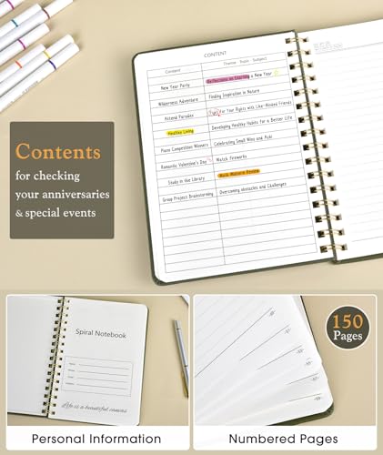Lined Spiral Journal Notebook, A5 Hardcover Spiral Journals for Women Men, 150 Numbered Pages Spiral Bound Notebook, 100 GSM College Ruled Notebooks for Work, Note Taking 5.75" x 8.38", Olive Green - color: Green