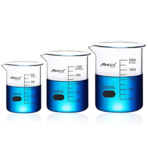 Sturdy Glass Beakers, 3 Sizes of 500ml 1000ml 2000ml,3.3 Borosilicate Griffin Low Form with Printed Graduation, BKLS05-003 - style: Vol.500ml 1000ml 2000ml