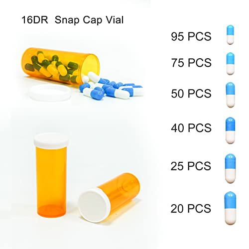 Snap Cap Prescription Vials, Amber Medicine Containers, Bottles Easy Open Pill Organizers, Empty with Plastic Caps (16 dram, 12pcs) - size: 16 dram