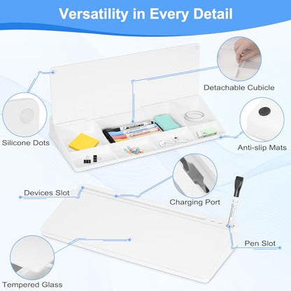 Desktop Glass Whiteboard with Storage, Desk Dry Erase White Board Stand - color: Organizer-all White