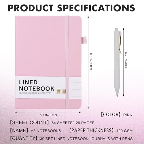 Aodaer 30 Set Lined Notebook Journals with Pens A5 Notebooks 100 GSM College Ruled Hardcover Notebook PU Leather Notepad with Pen Holder for Office School, 5.7 x 8.3 Inches, Pink - color: Pink