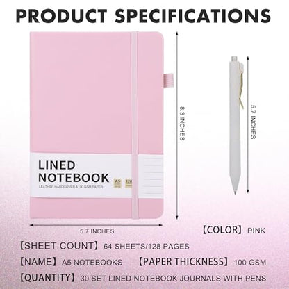 Aodaer 30 Set Lined Notebook Journals with Pens A5 Notebooks 100 GSM College Ruled Hardcover Notebook PU Leather Notepad with Pen Holder for Office School, 5.7 x 8.3 Inches, Pink - color: Pink