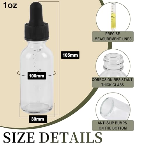 NOOEEISS 48 Pack,1oz Glass Dropper Bottle, Clear Tincture Bottles with Dropper, Pretty Finish for All Kinds of Liquids,Oil Bottles for Hair- Stronger Suction ideal for Leakproof Travel - color: Clear, size: 1oz-48Pack