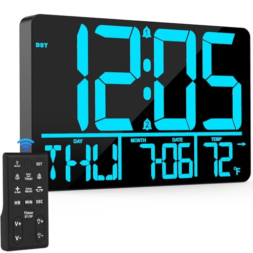 PERSUPER 13" Digital Wall Clock Large Display with Remote, Temp & Timer - style: Blue