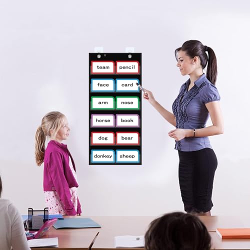 ANCOMEDO 10”W x 25”H Classroom Words Pocket Chart with 6 Clear Pockets, Black Standard Pocket Chart for Classroom and Home for Sentence Strips, Reusable Words Hanging Pocket Chart (Black) - size: 10Wx25H