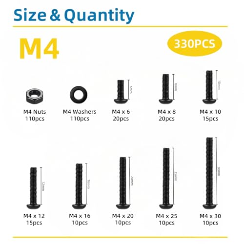 330 Pcs M4 Screws Assortment Kit, M4x6mm/8mm/10mm/12mm/16mm/20mm/25mm/30mm, Metric Hex Button Head Socket Cap Screws Nuts Washers Kit with Wrench, Black Zinc Plated - style: M4 330Pcs 6mm-30mm