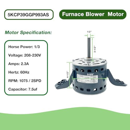 5KCP39GGP993AS Blower Motor 1/3HP 208-230V 1075RPM 2-speeds
