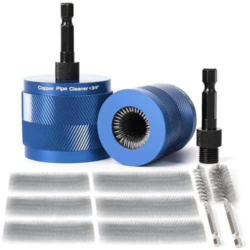 1/2" & 3/4" Copper Pipe Cleaner Set for Drill, with 1/4" Hex Shank & 6 Brush Blades & 2 Pipe Cleaning Brush, Plumbing Tools for Removing Rust, Stains & Paint from Copper & Metal Pipes, Blue - color: Blue, size: 1/2" & 3/4"