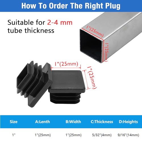 4 Pack 1"x 1" Black Square Tube End Cap Plastic Plugs - color: Black, size: 1" (2-4 mm) - 4 pcs